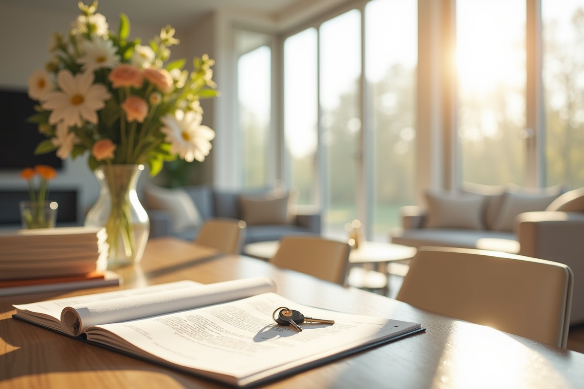 Salon moderne avec fleurs et documents immobiliers lumineux