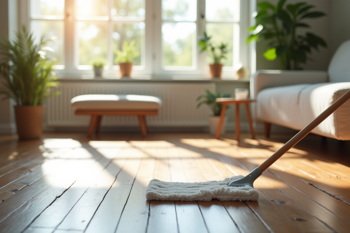 Salon lumineux avec sol en bois clair traité avec un produit éclaircissant