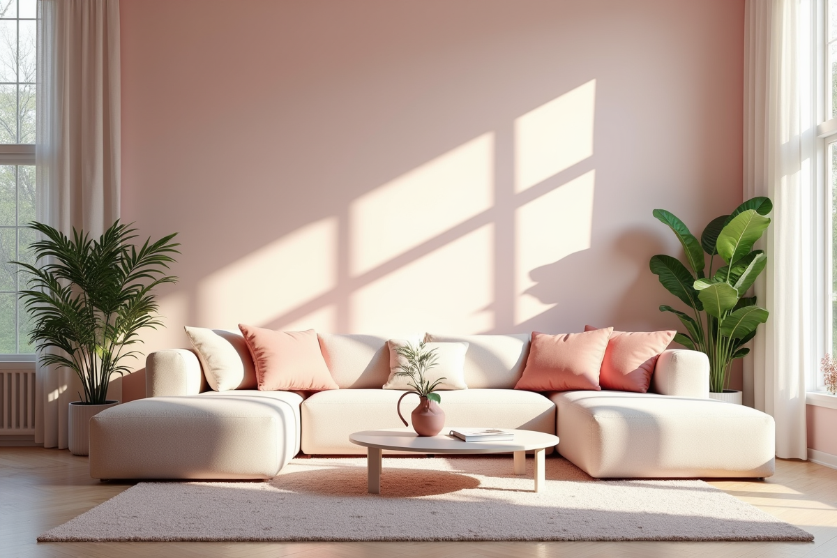Salon moderne avec accents rose poudré et lumière naturelle