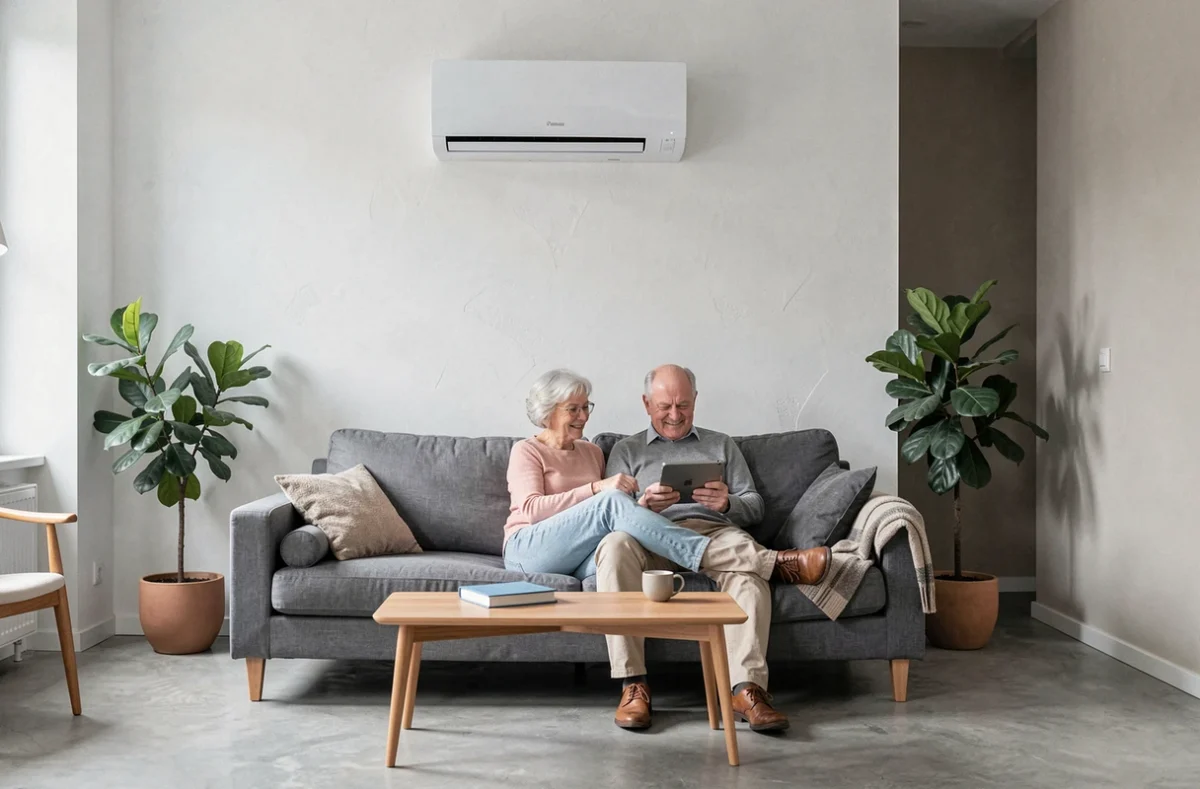 Couple dans un salon rénové avec une pompe à chaleur air-air murale et consultation des aides financières disponibles