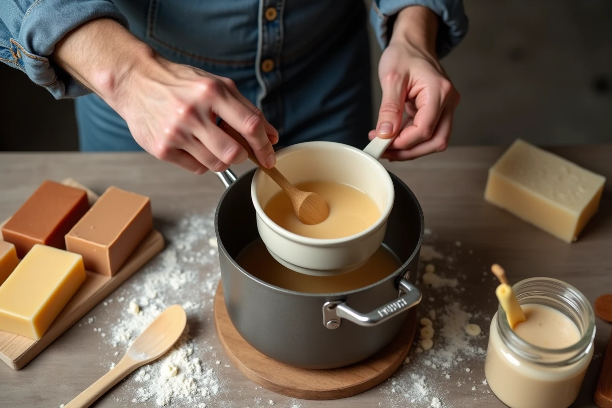 Mains masculines remuant du savon fondu dans un bain-marie artisanal pour remoulage sans micro-ondes