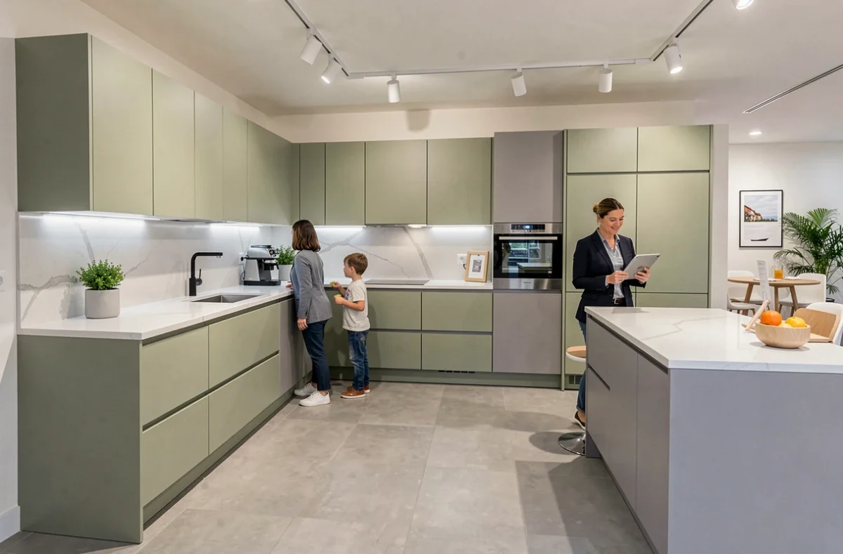 Cuisine Schmidt en vert sauge et gris clair exposée au showroom de Rouffiac-Tolosan près de Toulouse