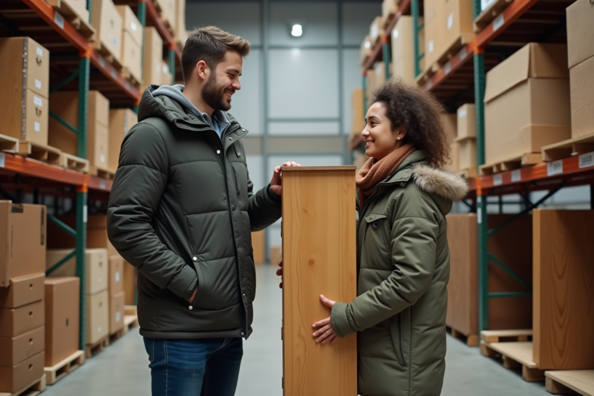 Jeune homme examine une étagère dans un entrepôt Emmaüs
