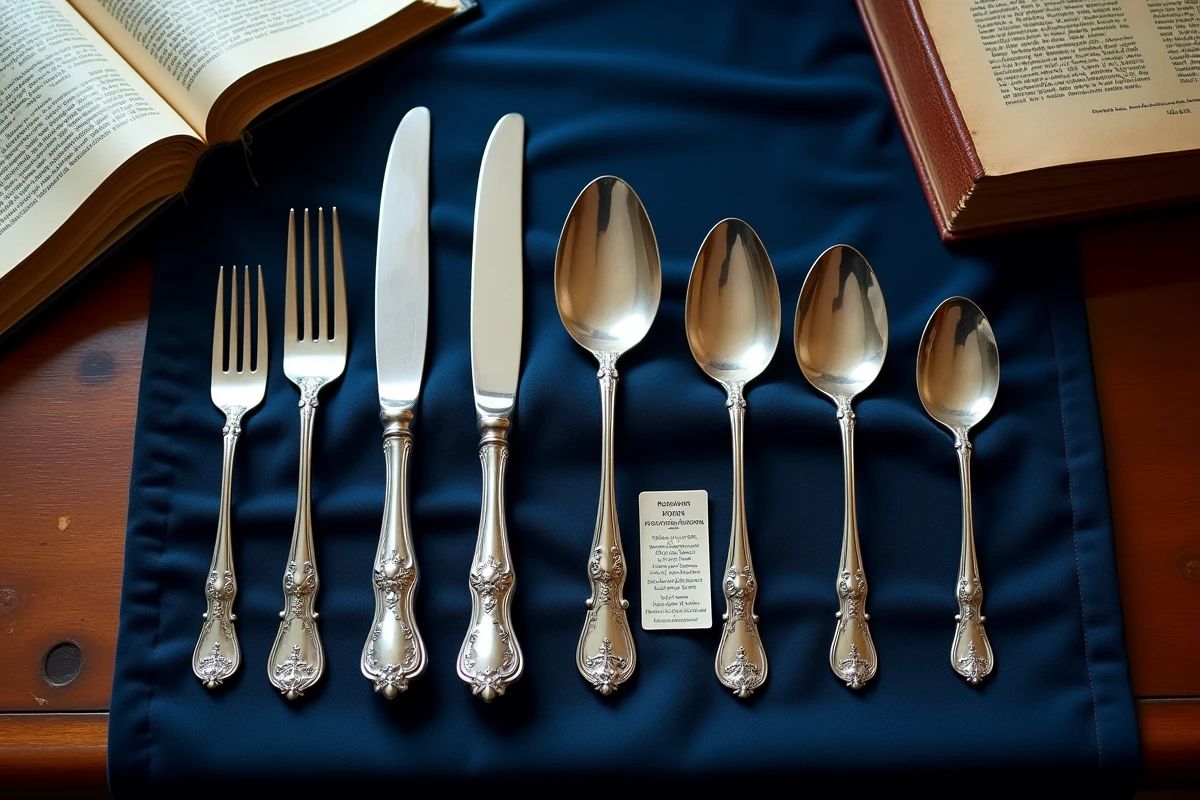 Service de couverts anciens en argent disposé en flatlay sur velours bleu marine avec poinçons visibles sur chaque pièce