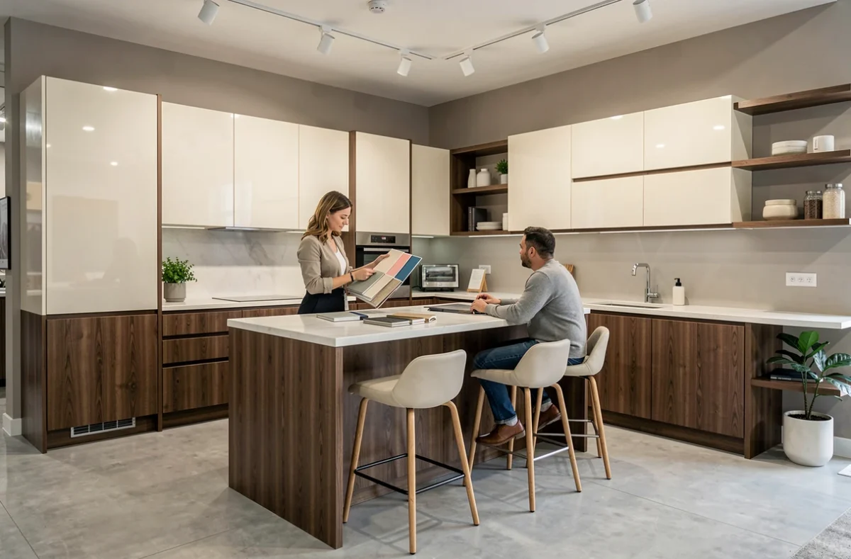 Showroom SH Cuisines avec cuisine bicolore en laqué blanc et chêne foncé et péninsule avec tabourets
