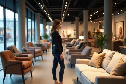 Intérieur du showroom Poltrone et Sofa avec des canapés et fauteuils exposés dans un grand espace commercial