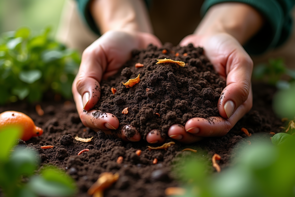 Mains tamisant compost riche avec épluchures et plantes vertes