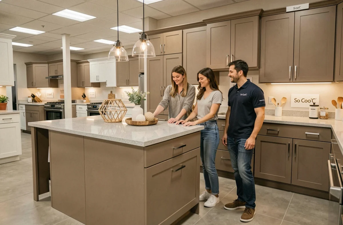 Showroom So Coo'C avec cuisine ouverte en taupe chaleureux et îlot en quartz gris pour une clientèle familiale