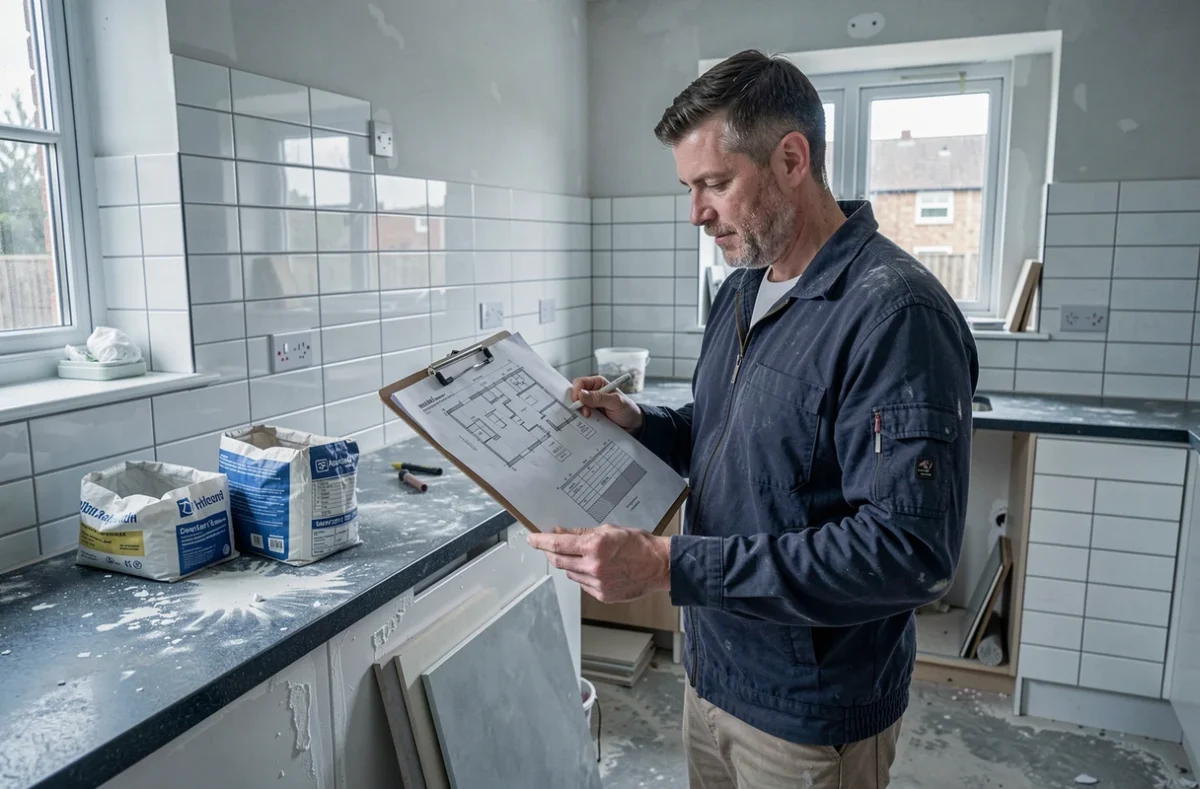 Entrepreneur de Société Dietre Bruno consultant des plans de rénovation sur chantier cuisine