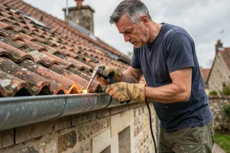 Artisan soudant une jonction de gouttière en zinc sur une maison en pierre, travaux extérieurs en automne