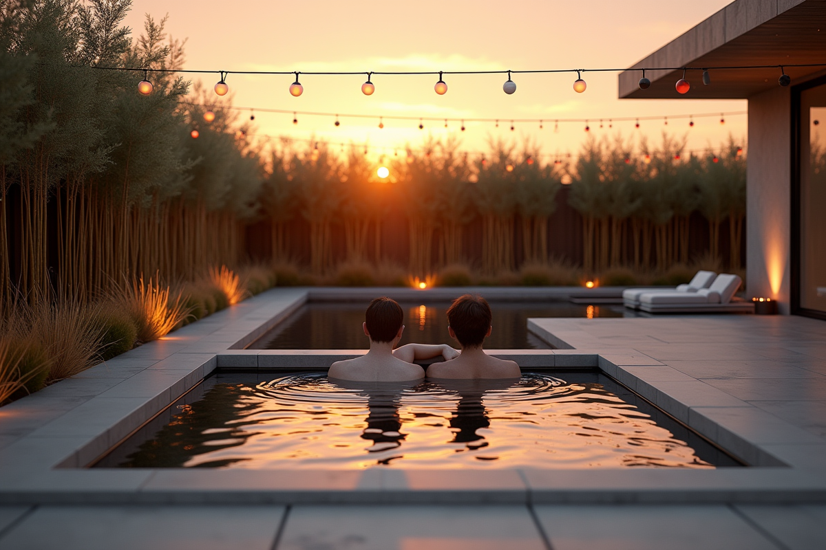 Espace spa minimaliste au coucher du soleil avec bain rectangulaire