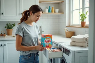 Femme lisant les symboles sur une boîte de lessive devant le tiroir ouvert d'une machine à laver