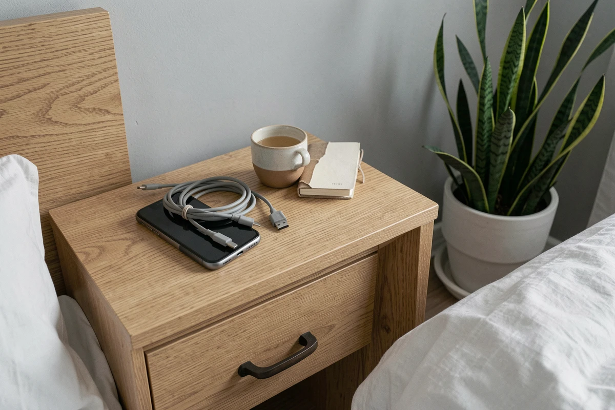 Table de chevet minimaliste avec smartphone éteint et câble débranché pour réduire les champs électromagnétiques pendant le sommeil