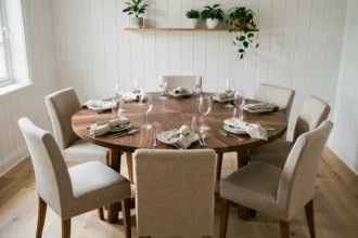 Table ronde de 150 cm de diamètre entourée de huit chaises en lin dans une salle à manger scandinave aux tons chauds