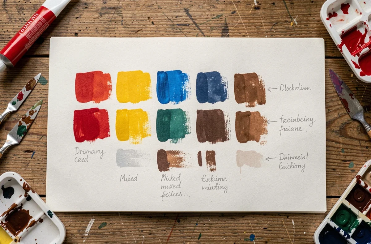 Tableau de mélanges de couleurs primaires en acrylique sur un carnet de croquis montrant les étapes pour obtenir du marron
