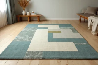 Tapis japonisant en laine aux motifs géométriques indigo et ivoire posé sur un parquet en chêne clair dans un salon minimaliste