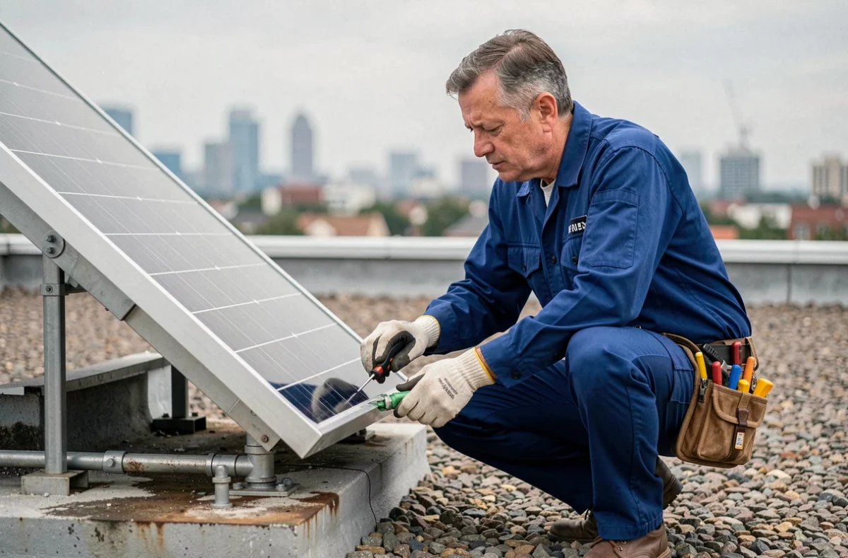Technicien en uniforme inspectant les connexions d'un chauffe-eau solaire sur un toit plat urbain