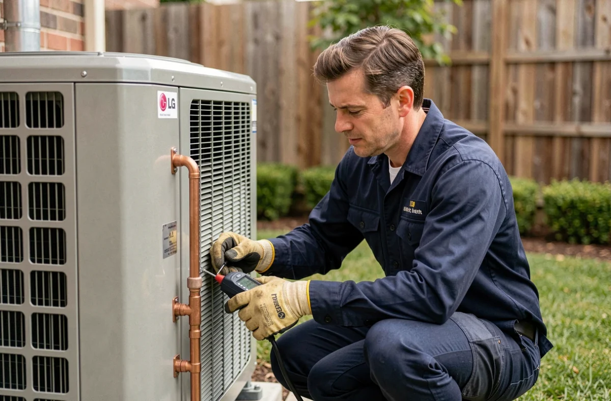 Technicien CVC inspectant une pompe à chaleur LG air eau dans un jardin résidentiel