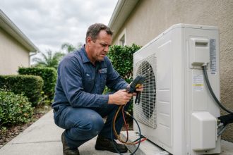 Technicien HVAC inspectant une pompe à chaleur extérieure installée sur dalle béton devant une maison pavillonnaire
