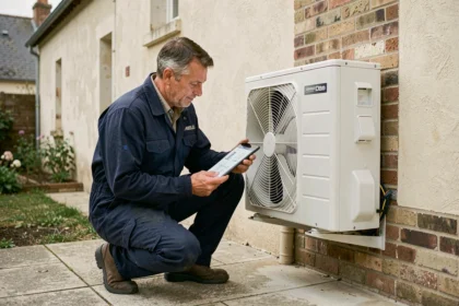 Technicien HVAC inspectant une pompe à chaleur air-air installée sur la façade d'une maison individuelle française