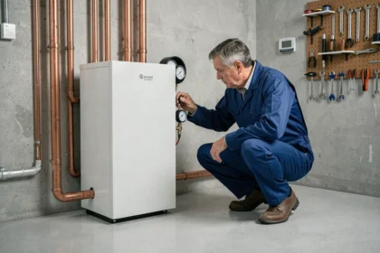 Technicien inspectant une pompe à chaleur géothermique installée dans une buanderie moderne avec tuyauterie en cuivre