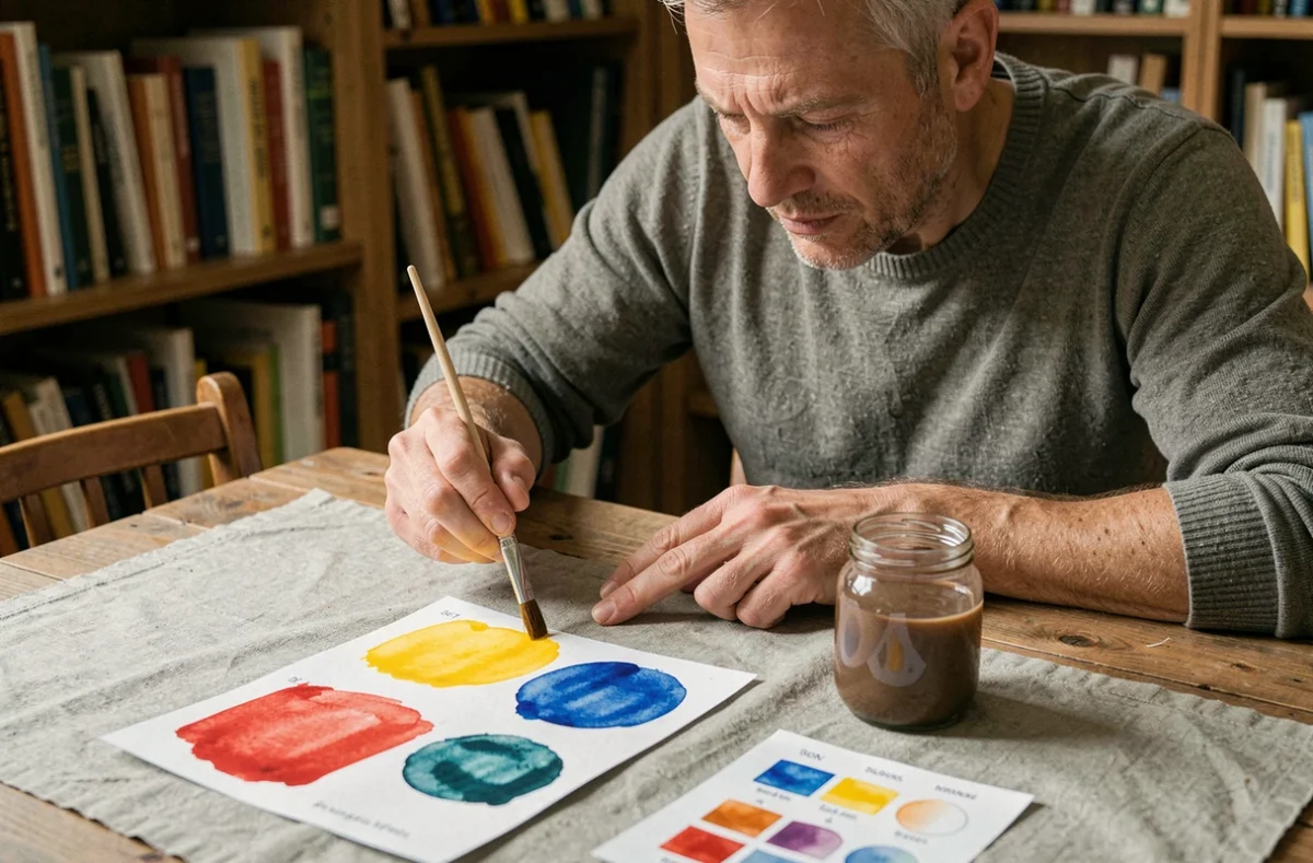 Homme expliquant la théorie du mélange des couleurs primaires en aquarelle pour créer du marron, avec pinceaux et feuilles de référence