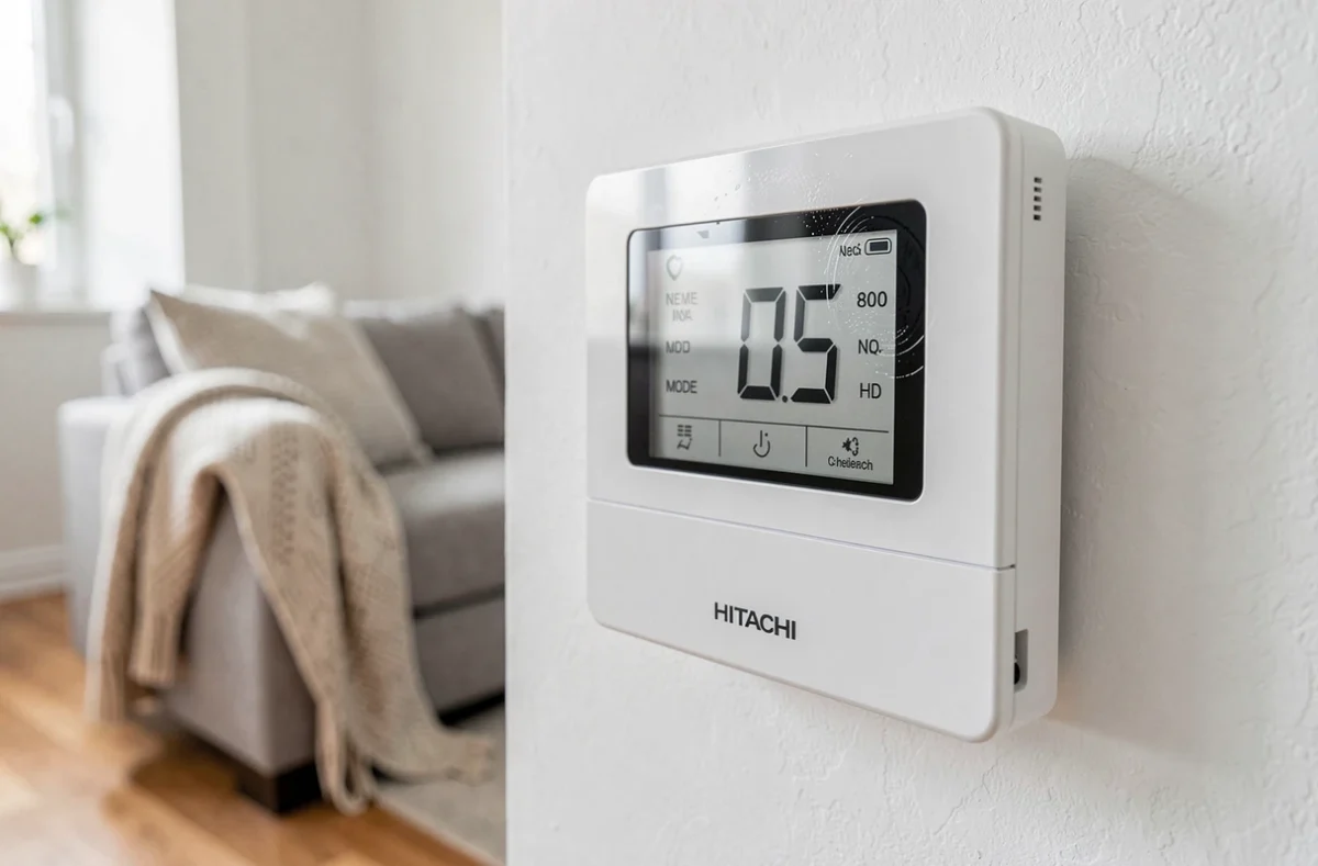 Interface de contrôle numérique de la pompe à chaleur Hitachi Yutaki S Combi montée sur mur dans un salon moderne