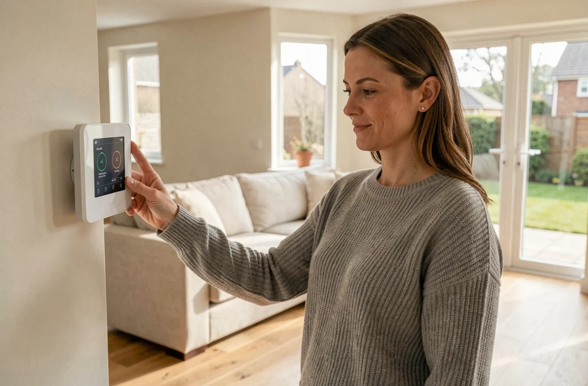 Femme réglant le thermostat d'un système de chauffage par le sol connecté à une pompe à chaleur géothermique dans un salon moderne