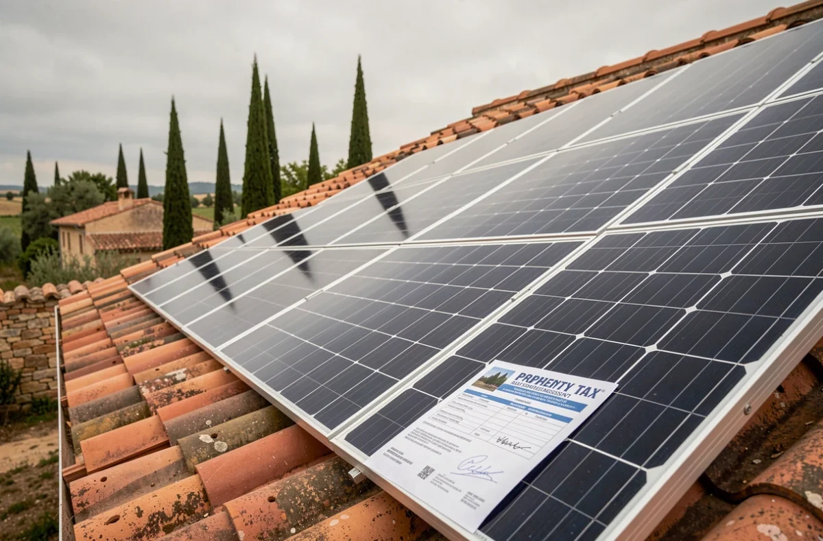 Toiture de maison française couverte de panneaux photovoltaïques avec un avis de taxe foncière au premier plan