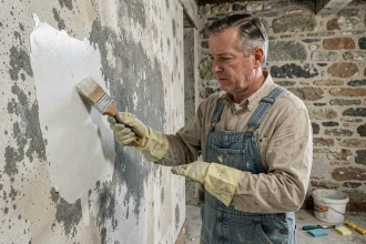 Homme appliquant un traitement anti-humidité sur un mur intérieur dégradé dans une cave