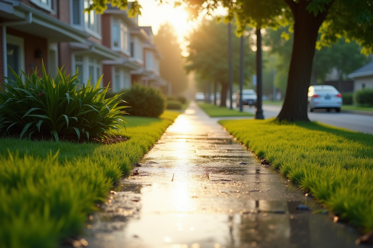 Trottoir résidentiel propre reflet après pluie en matinée