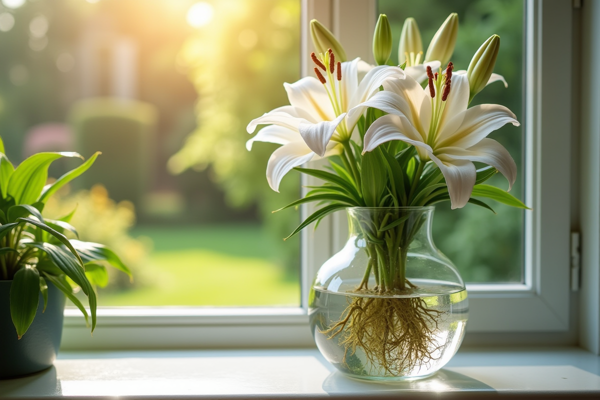 Vase avec des lys coupés et racines en eau sur une fenêtre ensoleillée