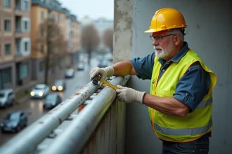 Technicien mesurant un garde-corps métallique sur un balcon pour vérifier sa conformité à la norme NF P01-012