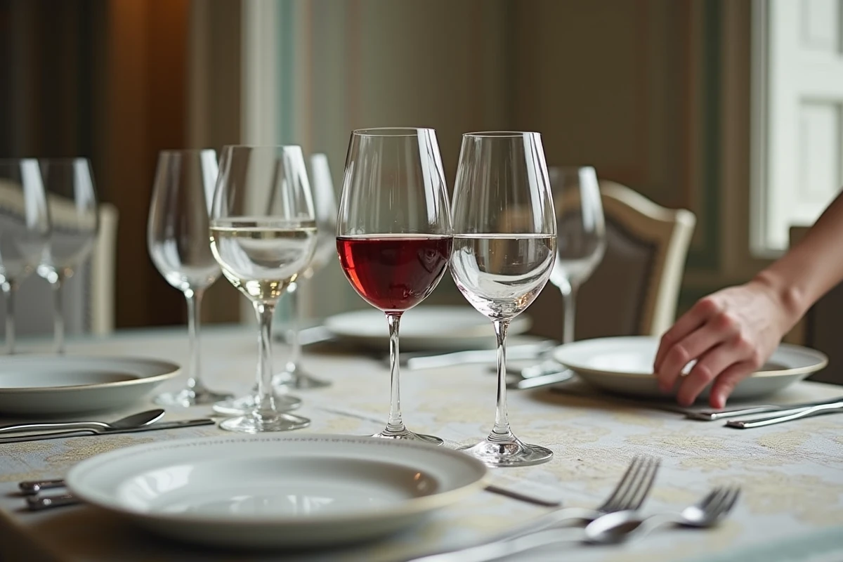 Verres en cristal et vaisselle sur une table &eacute;l&eacute;gante