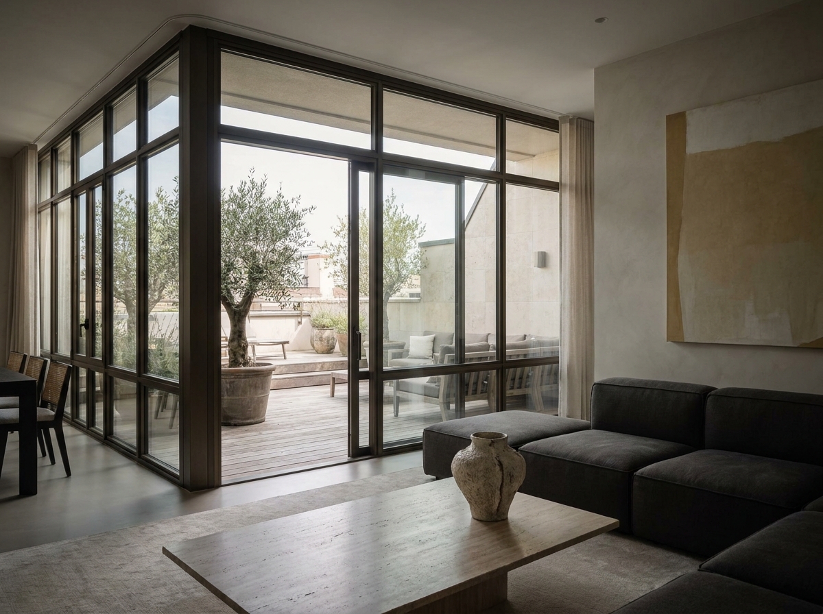 Verrière contemporaine sol-plafond en aluminium bronze séparant un salon moderne avec canapé gris anthracite et table en travertin d'une terrasse extérieure avec oliviers en pot