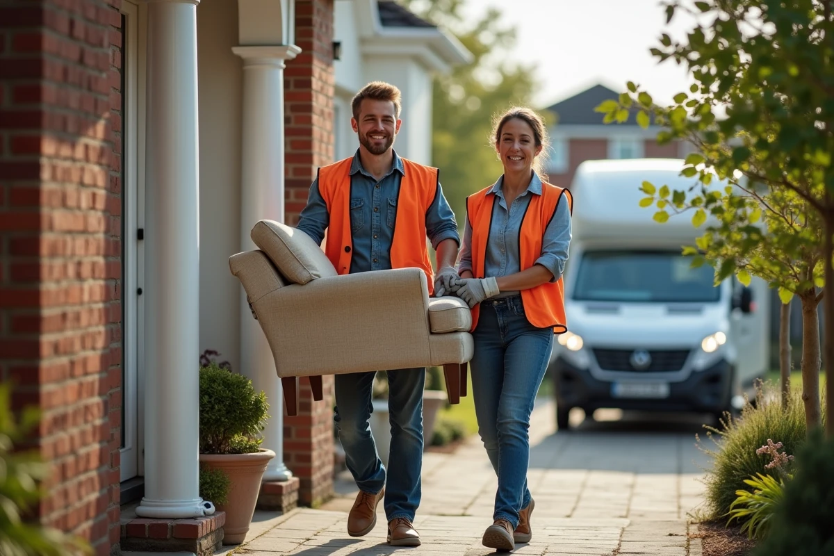 Jeune homme et femme portant un fauteuil dans une maison de banlieue
