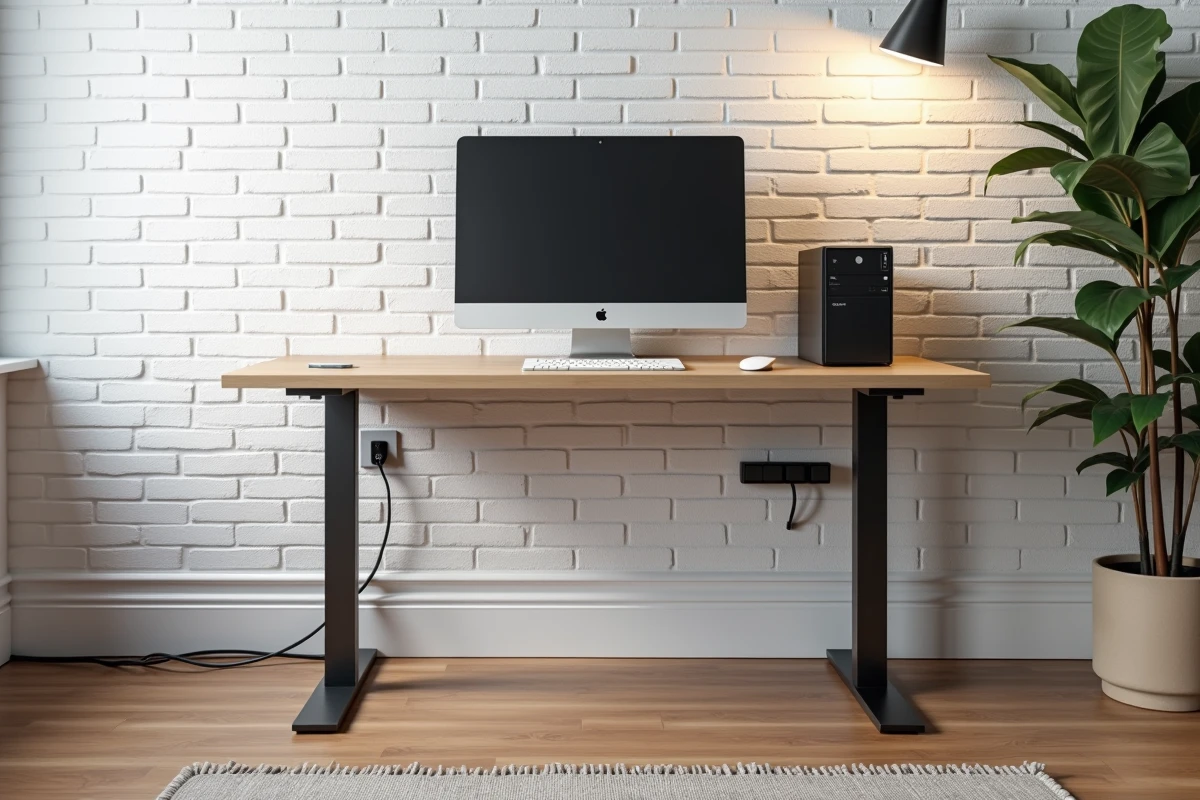 Vue d'ensemble d'un bureau à domicile avec prise double Legrand au bas du mur et gestion des câbles organisée