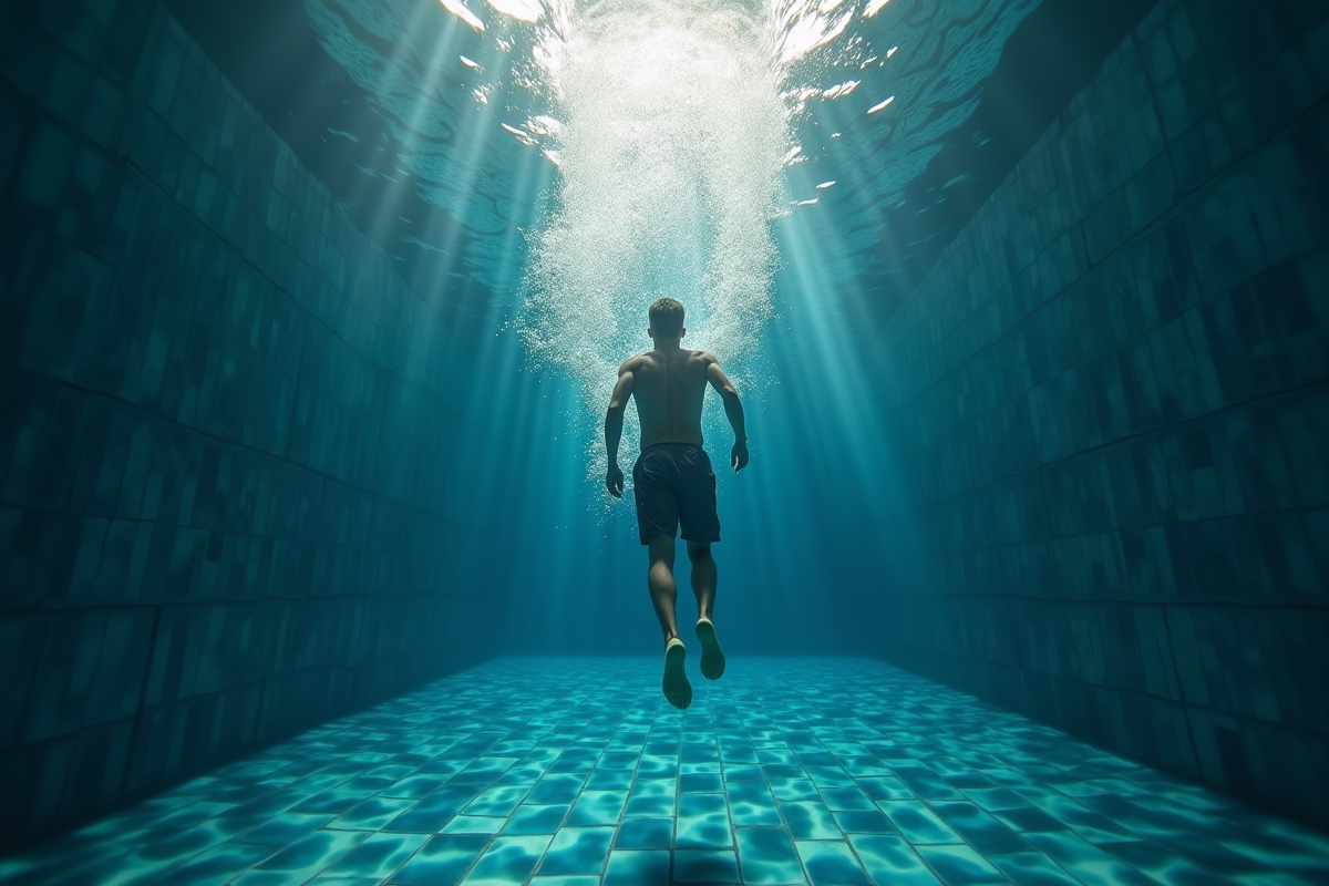Vue sous marine d une personne regardant vers le haut lors d une plongee dans la piscine